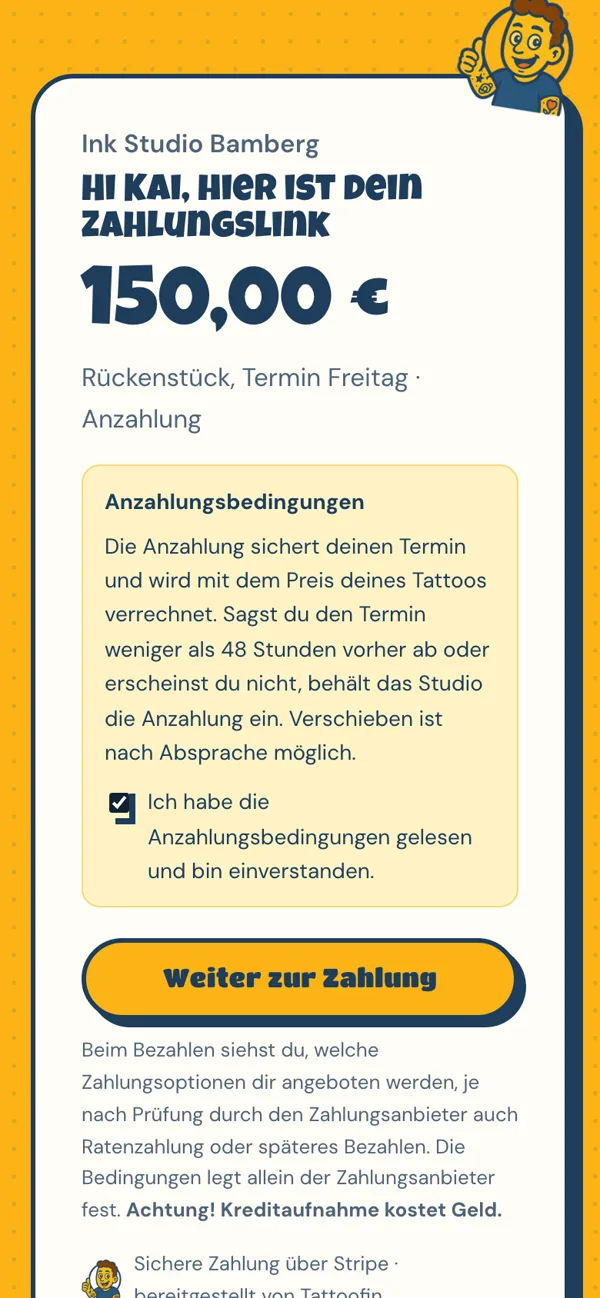 Zahlseite für eine Anzahlung von 150 Euro, mit Anzahlungsbedingungen und bestätigtem Häkchen