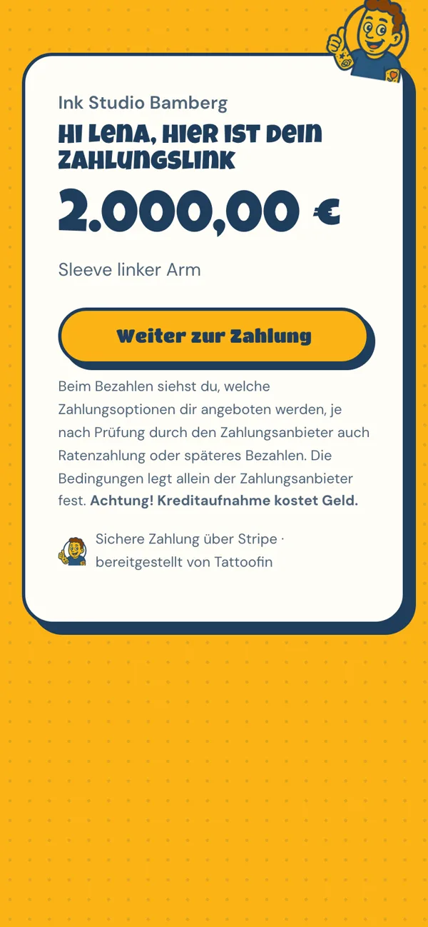 Beispiel einer Zahlseite: Hi Lena, hier ist dein Zahlungslink, 2.000 Euro, Sleeve linker Arm, Knopf Weiter zur Zahlung