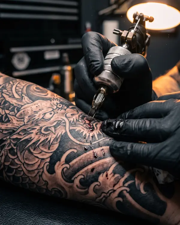 Tätowierer mit schwarzen Handschuhen sticht ein großes Drachen-Motiv auf einen Arm